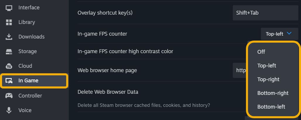 Setting the "In-game FPS counter" in Steam client for Windows.