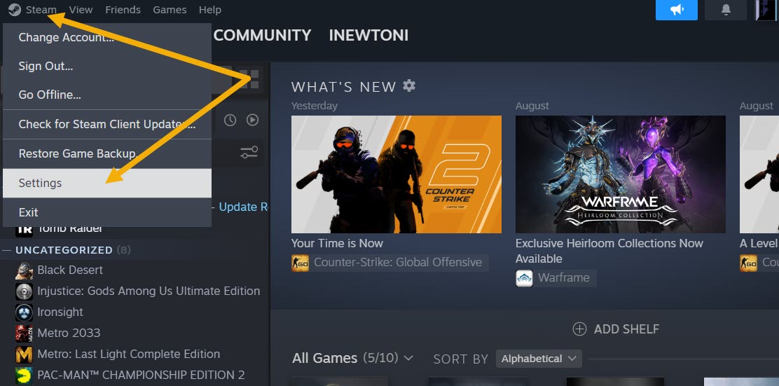Selecting "Settings" option from Steam menu in Steam client for Windows.