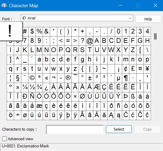 Character Map utility opened in Windows 11 with exclamation point selected.