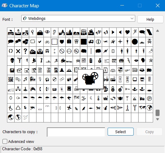 Clicking on a symbol/character inside Character Map in Windows