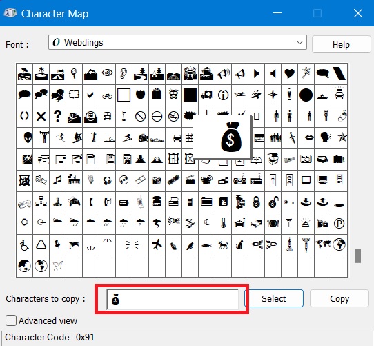 Characters to copy inside Charmap.