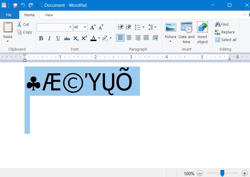 CharMap symbols copy-pasted into a WordPad document.