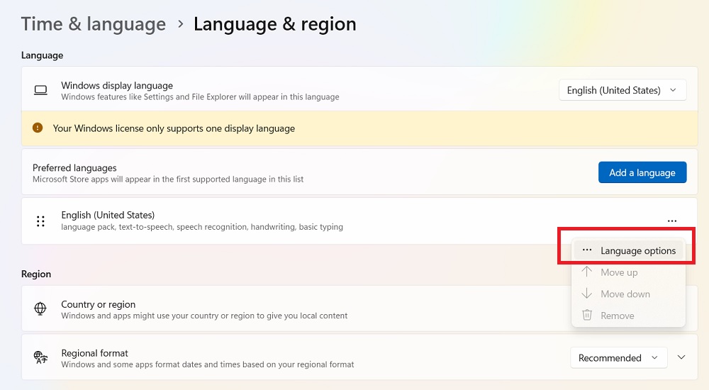 Selecting language options in Windows language and region.