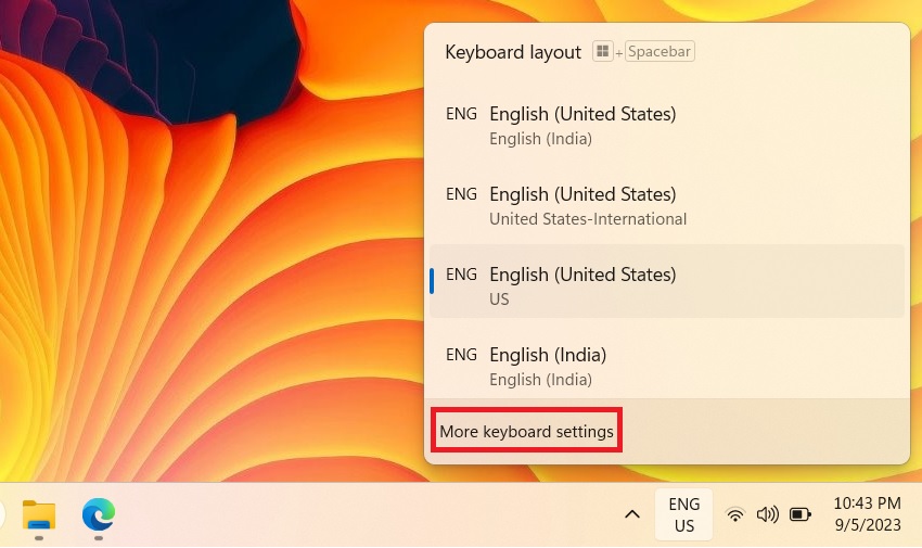 More keyboard settings selected in System Tray language icon.
