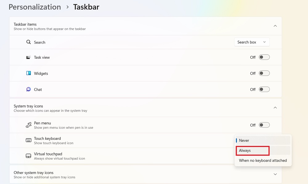 Touch Keyboard should be kept on "Always" status via Windows Settings.