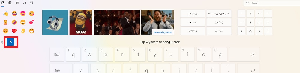 Emoji button on the top of the Touch keyboard leading to many emojis, kaomojis, and GIFs