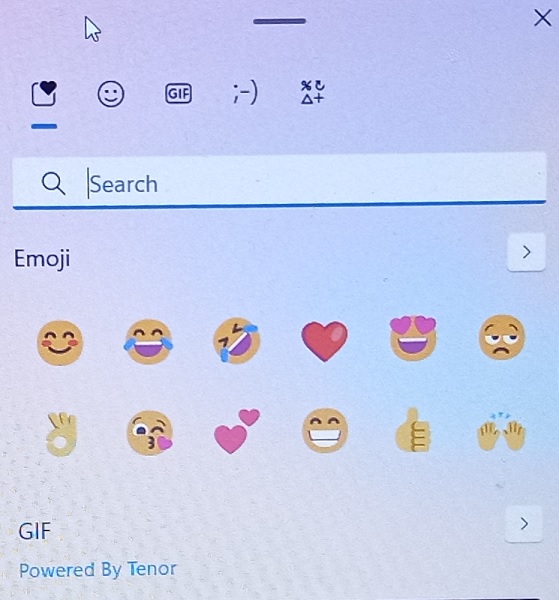 A collection of picker emojis visible in Windows 11 short cut Win+ period.