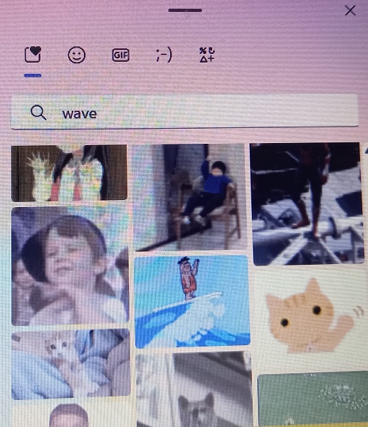 Windows character picker showing various GIFs.