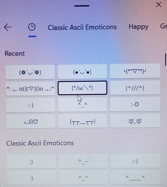 Kaomojis in Windows character picker using shortcut Win + Period.