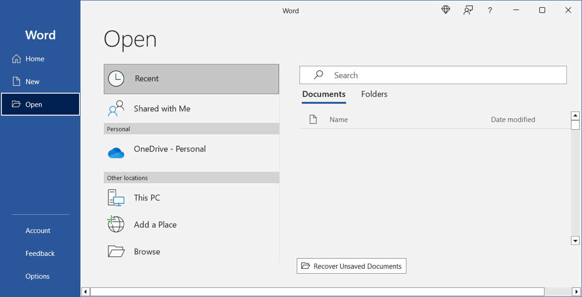 Word on Windows Open file screen