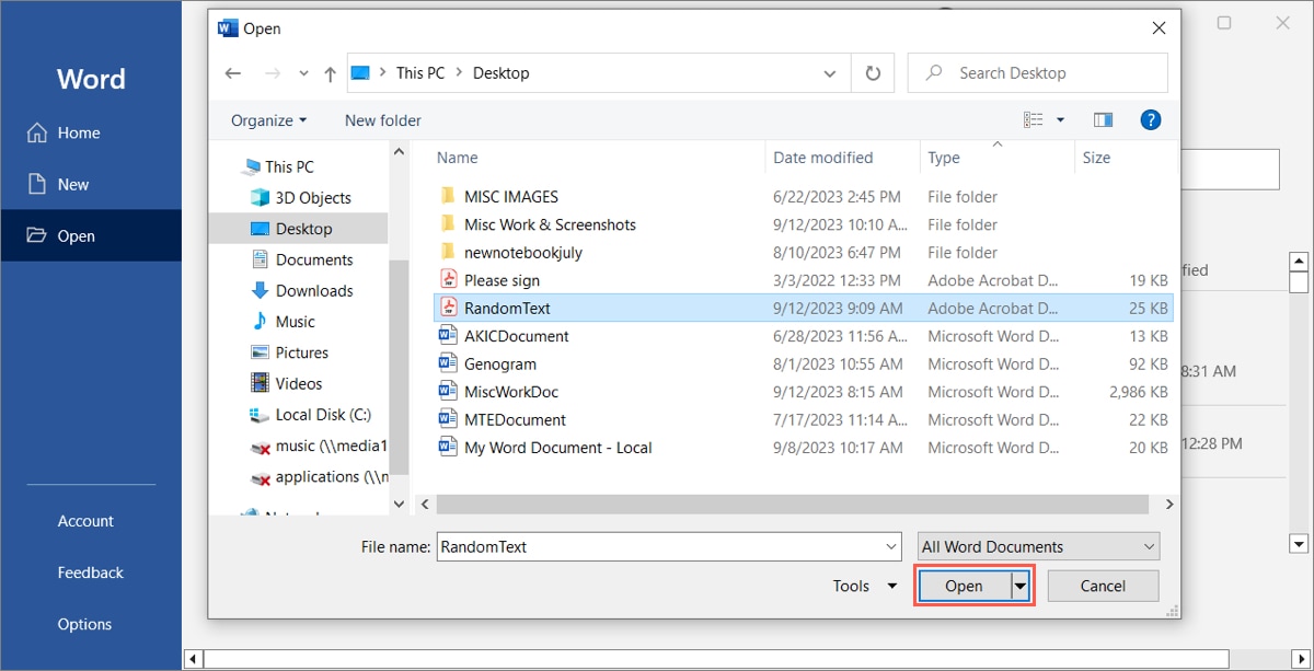 Word on Windows file browser and Open button