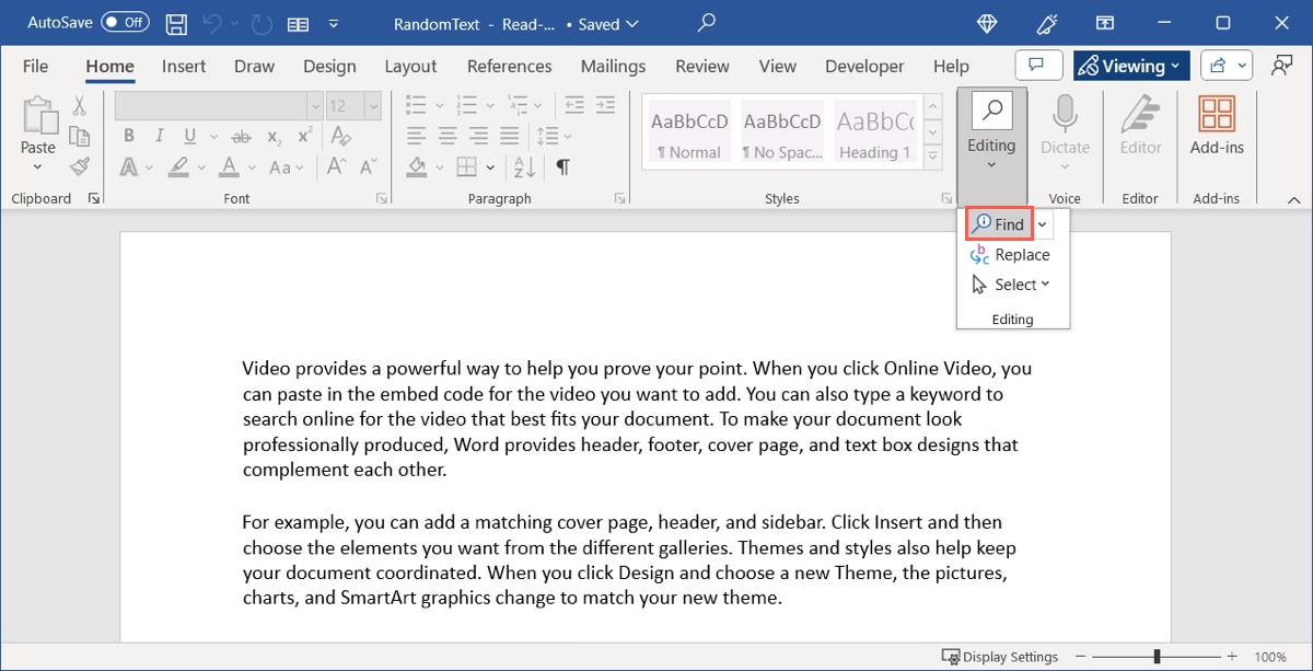 Find on the Home tab in Word on Windows