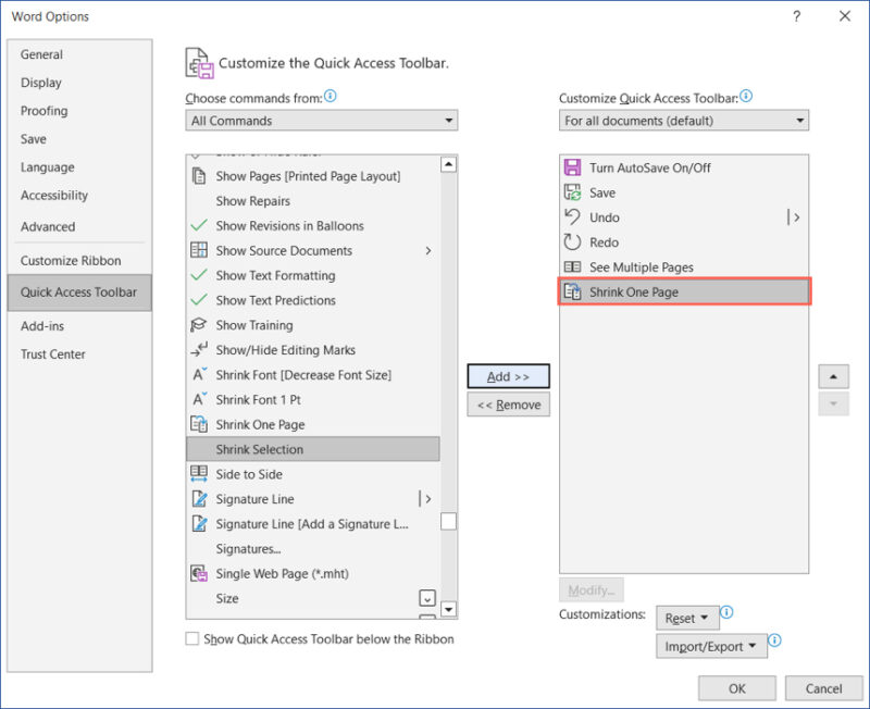 Shrink One Page added to toolbar in Word on Windows