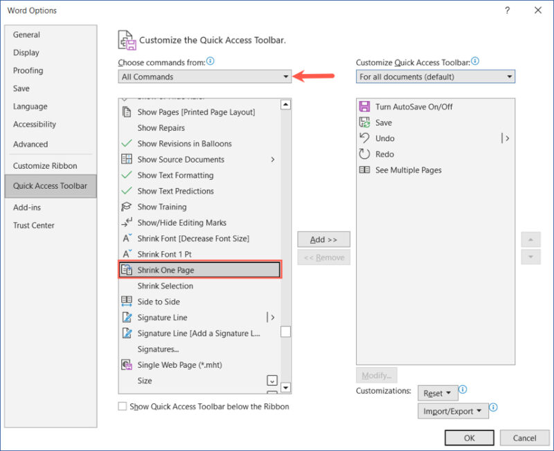 Shrink One Page option in Word on Windows