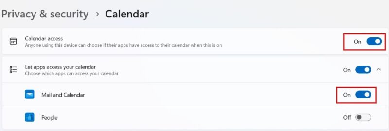 Enabling "Calendar access" toggle in "Privacy & security" section.