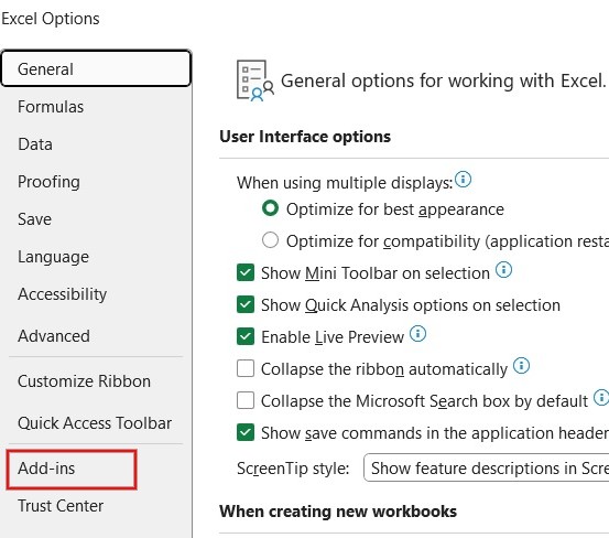 Clicking "Add-ins" option in Excel app.