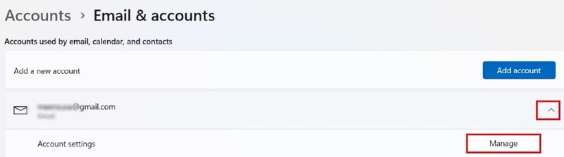 Clicking "Manage" option for email account linked to Mail app.