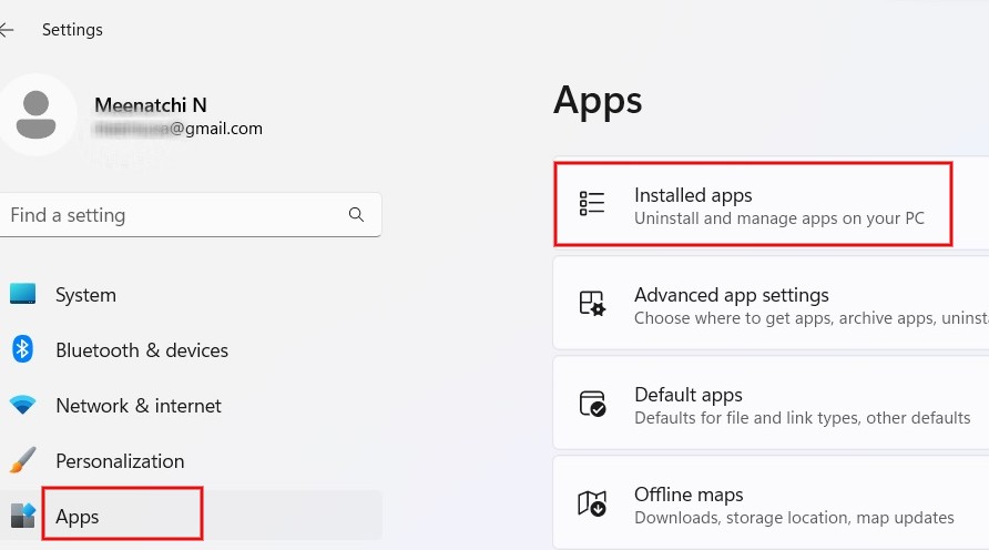 Accessing "Installed apps" via Windows Settings app.