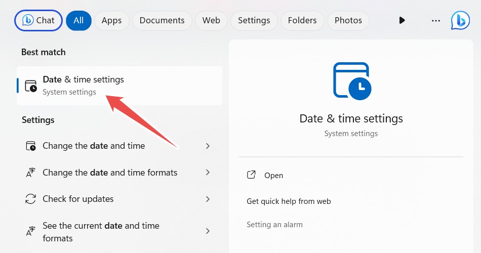 Accessing "Date and Time" settings from Windows Search.