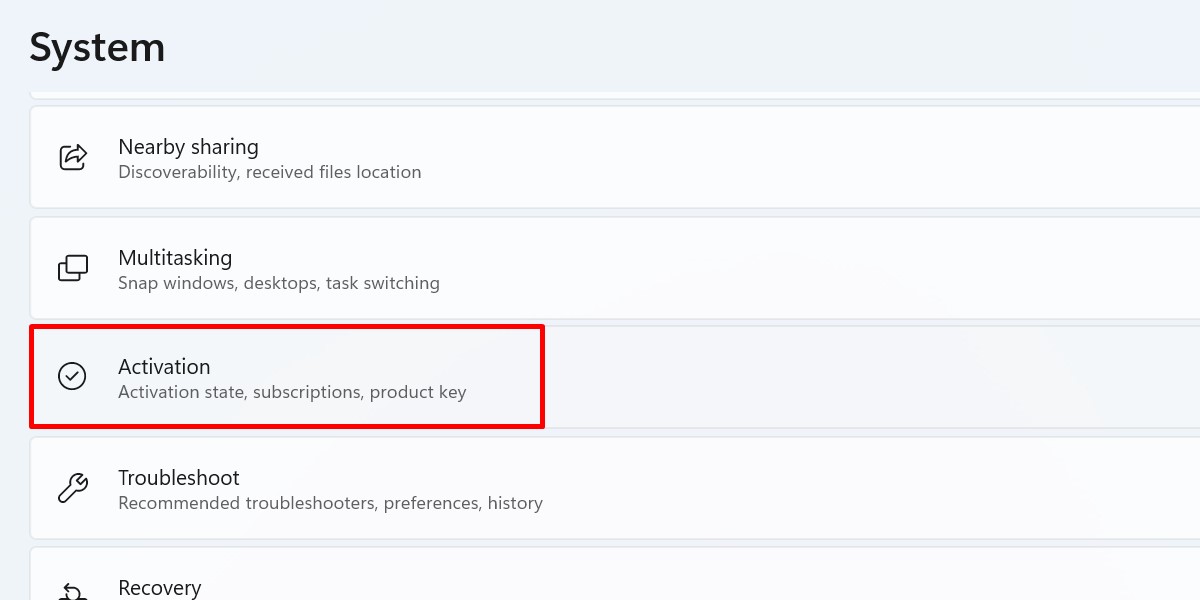 Navigating to the Activation section in Windows System Settings.