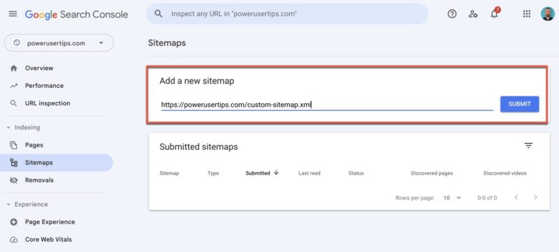 Add A Sitemap In Google Search Console Highlighted