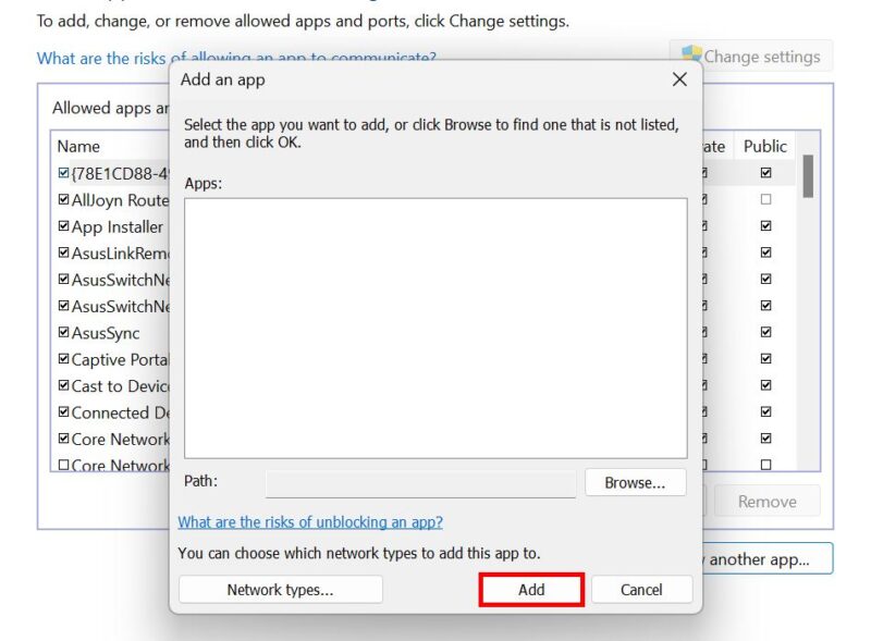 Clicking "Add" button to finish process of adding exception to firewall. 