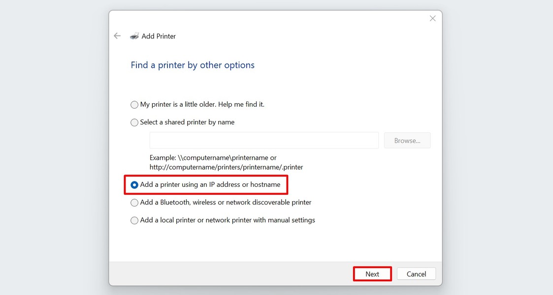 Selecting the option to add a printer using an IP address to Windows.