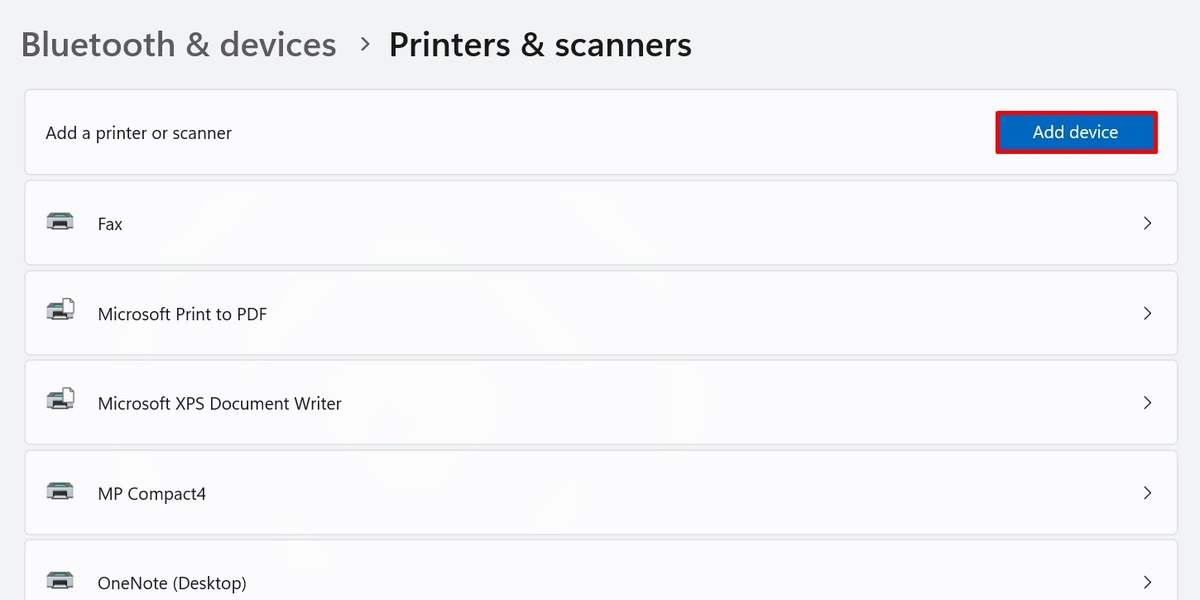 Clicking the "Add device" button to add a new printer or scanner to Windows