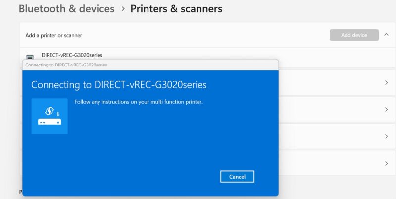 Following instructions to connect to the printer in Windows 11.