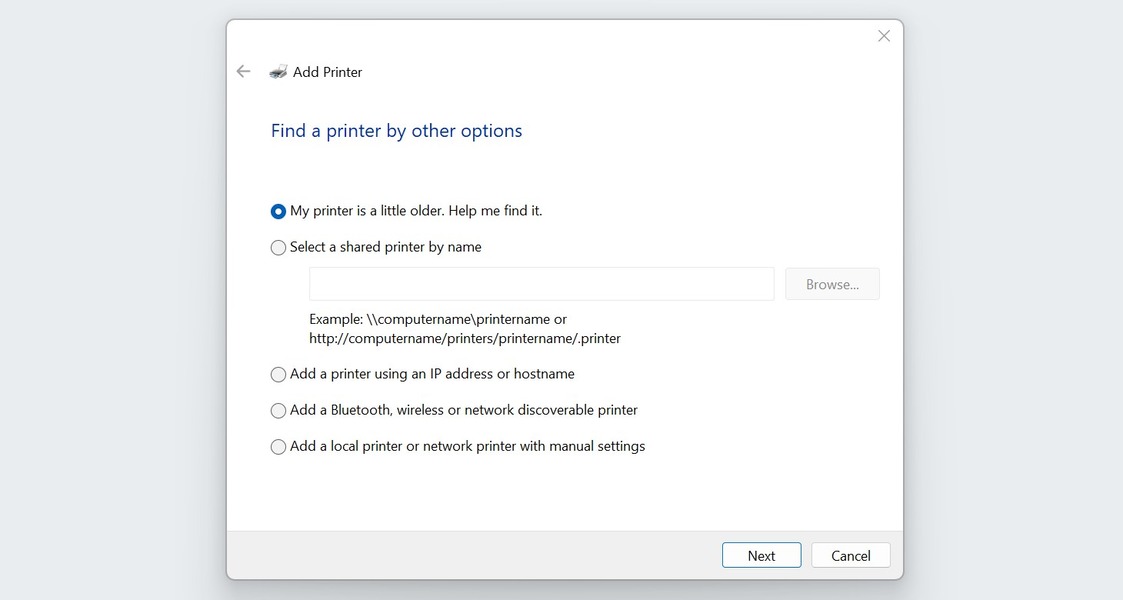 Finding a printer using additional options in Windows.
