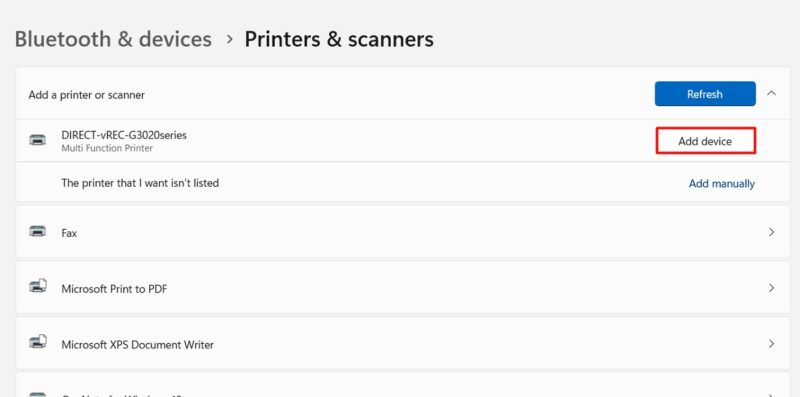 Clicking "Add device" button under "Printer & scanners" in Windows Settings. 