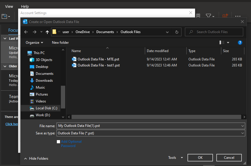 Adding New Outlook Data File