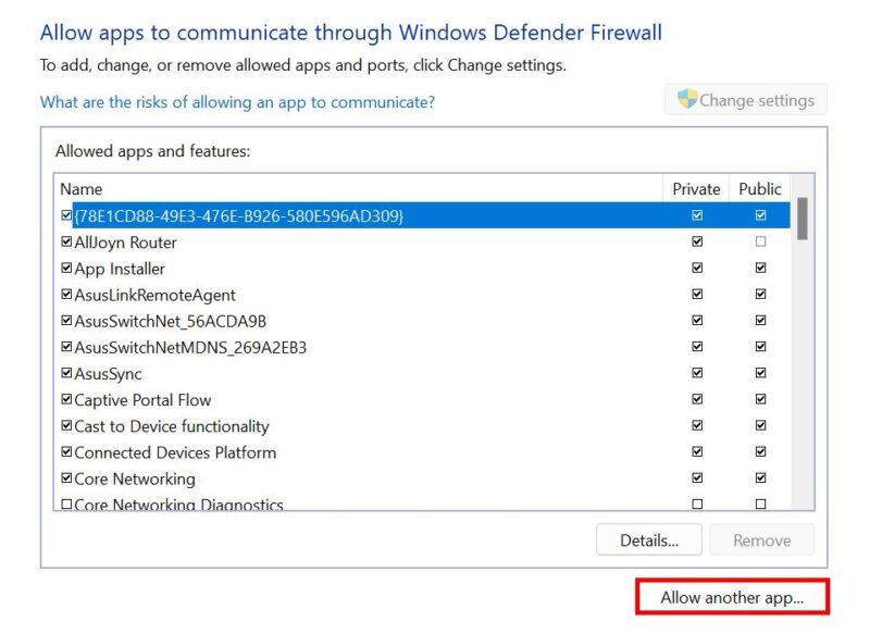 Clicking on "Allow another app" option under Windows Defender Firewall. 