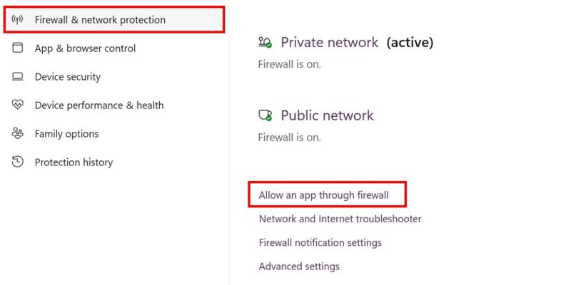 Clicking on "Allow another app through firewall" from Windows Security app.