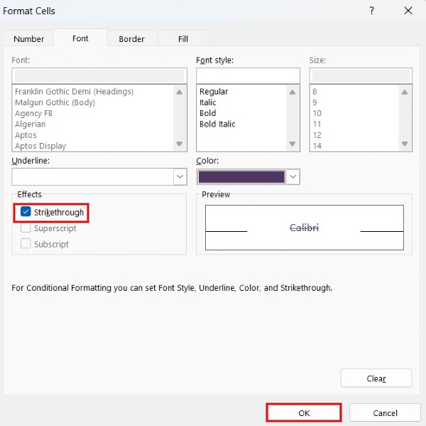 Click strikethrough and click OK