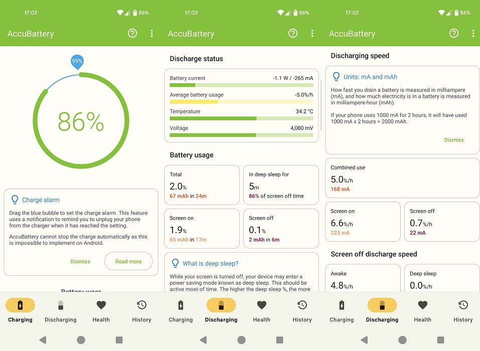 AccuBattery app interface overview.