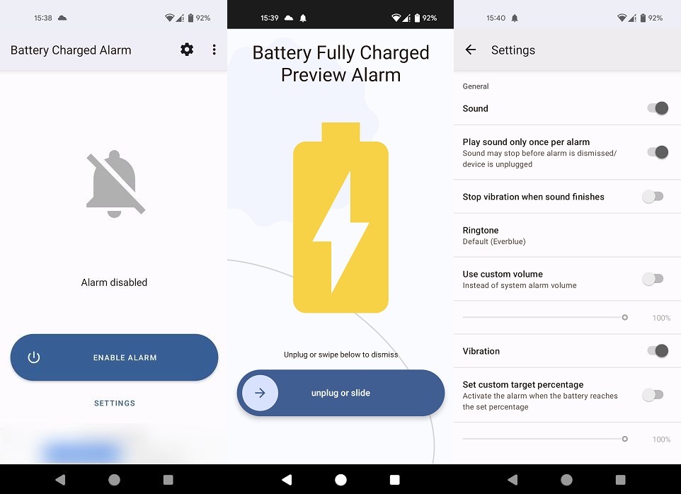 Full Battery Charge Alarm app interface overview.