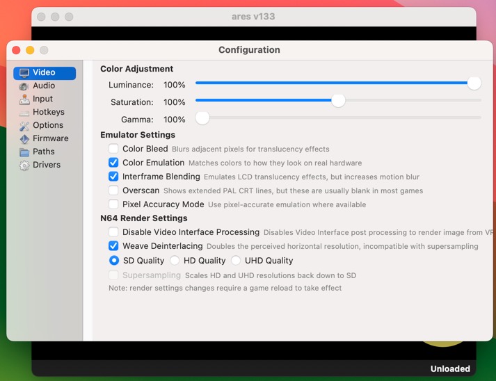 Best N64 Emulator Ares Configuration Window