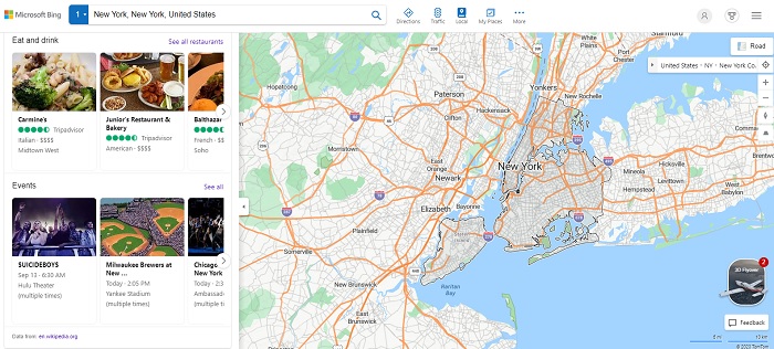 Map view with recommended places view in Bing Maps. 