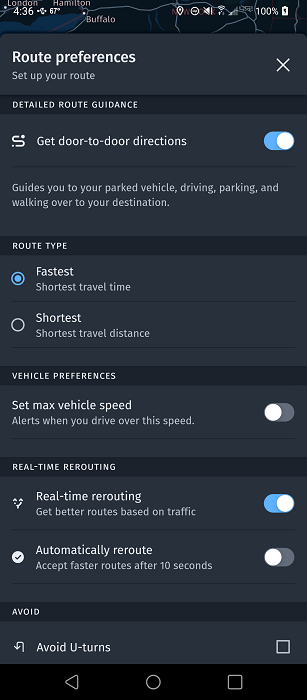 Route preferences settings in HERE WeGo app.