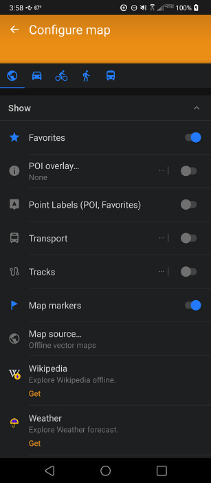 Settings view in OsmAnd app.