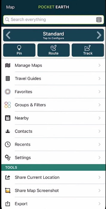 Pocket Earth app options view. 