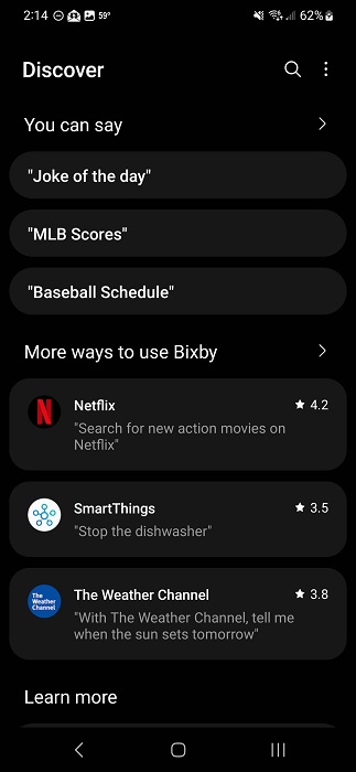 Discover section in Bixby app.