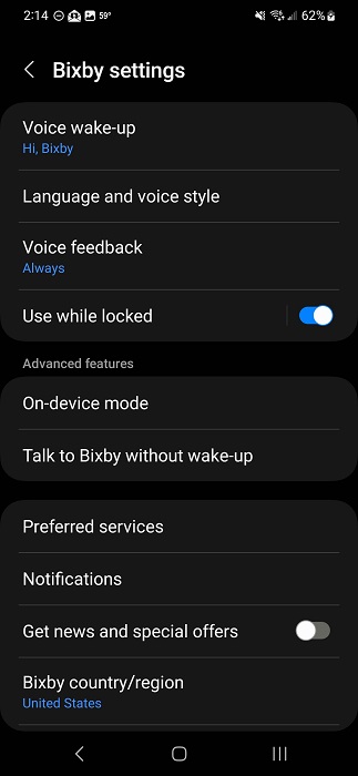Bixby settings view in app.