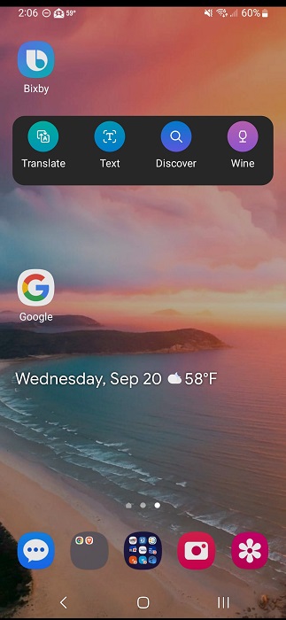 Bixby app shown on Samsung device home screen.