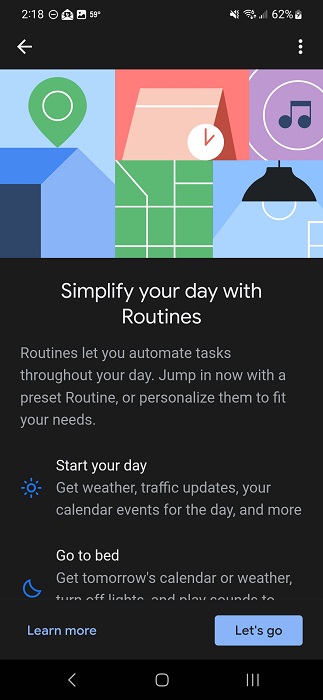 Google Assistant Routines screen on Android phone.