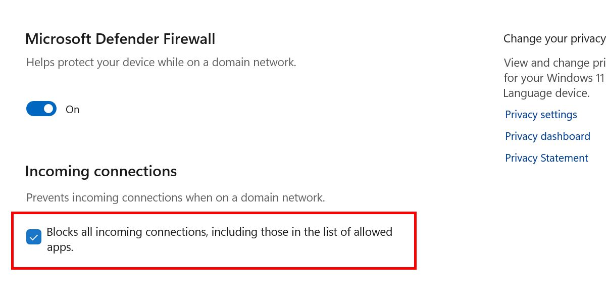 Enabling Firewall to block all incoming connections for enhanced protection in Windows Security app. 