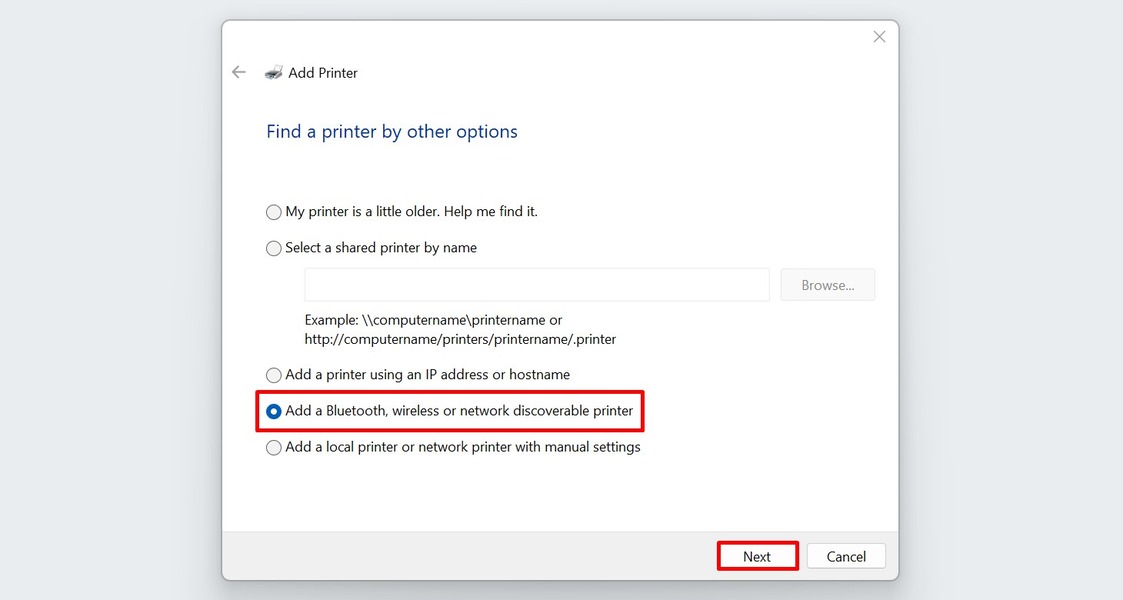 The option to add a Bluetooth and wireless printer to Windows.