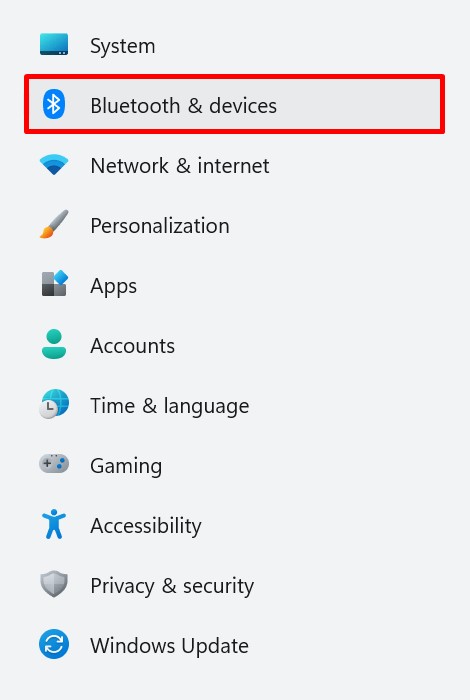 Viewing the Bluetooth and devices section in the Windows Settings app.