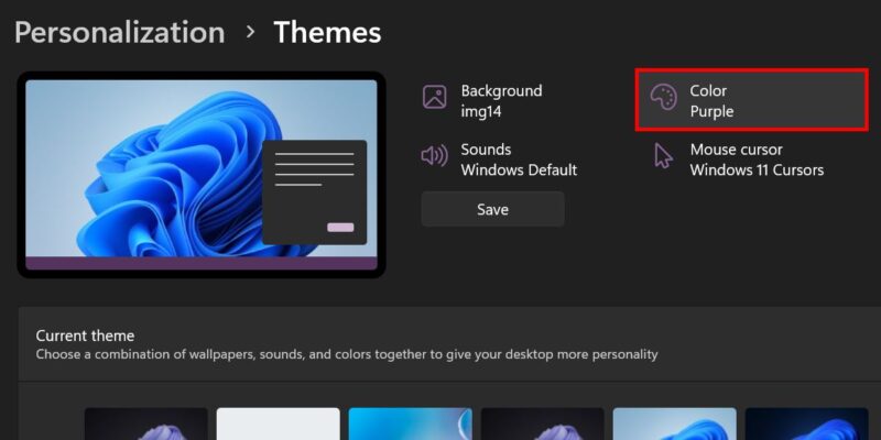 Option to modify the Windows accent color under the Themes section.